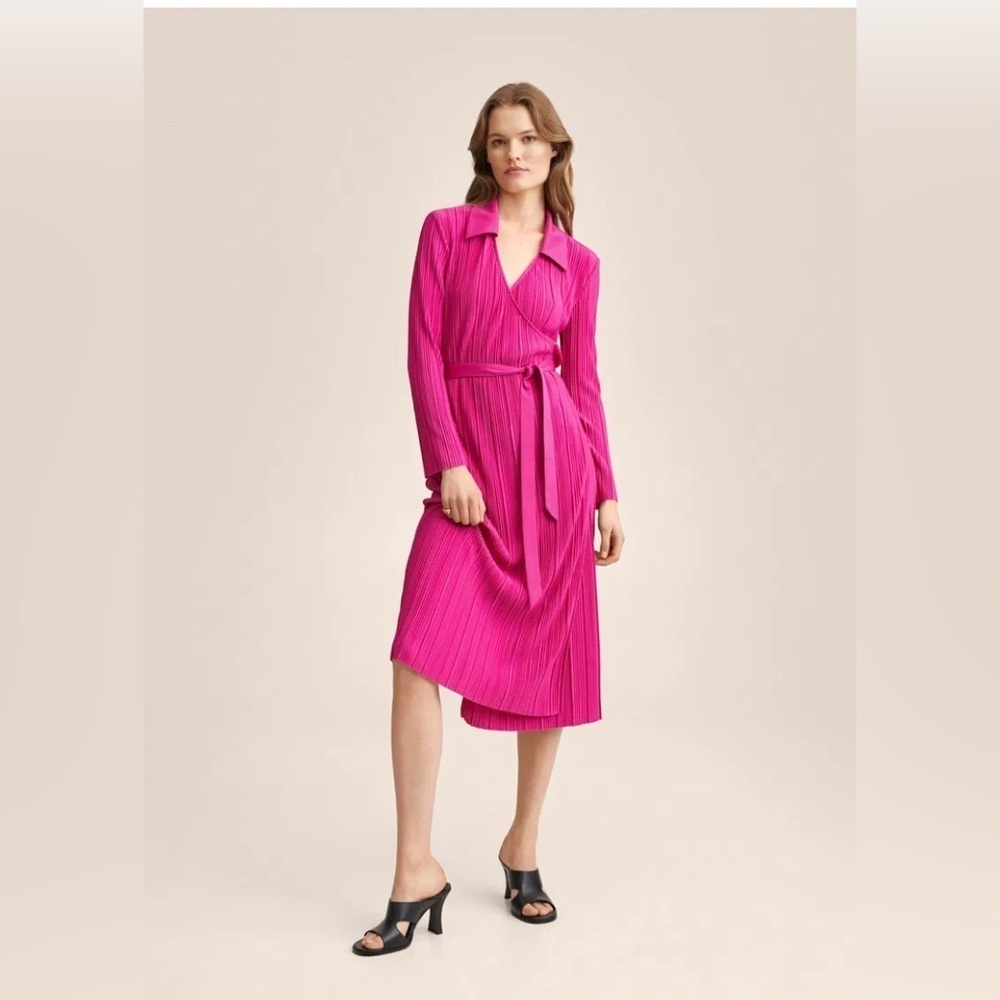 Mango Pink Wrap Dress with Notched Collar and Bishop Sleeves